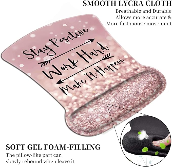 Ergonomic Mouse Pad Wrist Support Gel and Keyboard Wrist Rest Set Stay Positive Work Hard and Make It Happen Pink Glitter Design for Laptop Gaming and OfficeComfortable and Pain Relief + Coaster