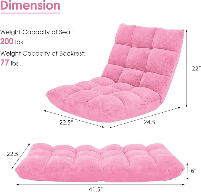 GOFLAME 14-Position Folding Floor Chair Padded Gaming Lazy Sofa Chair with Adjustable Backrest Couch Recliner Sleeper Bed Lounge Chair for Reading Gaming Meditating (Pink)