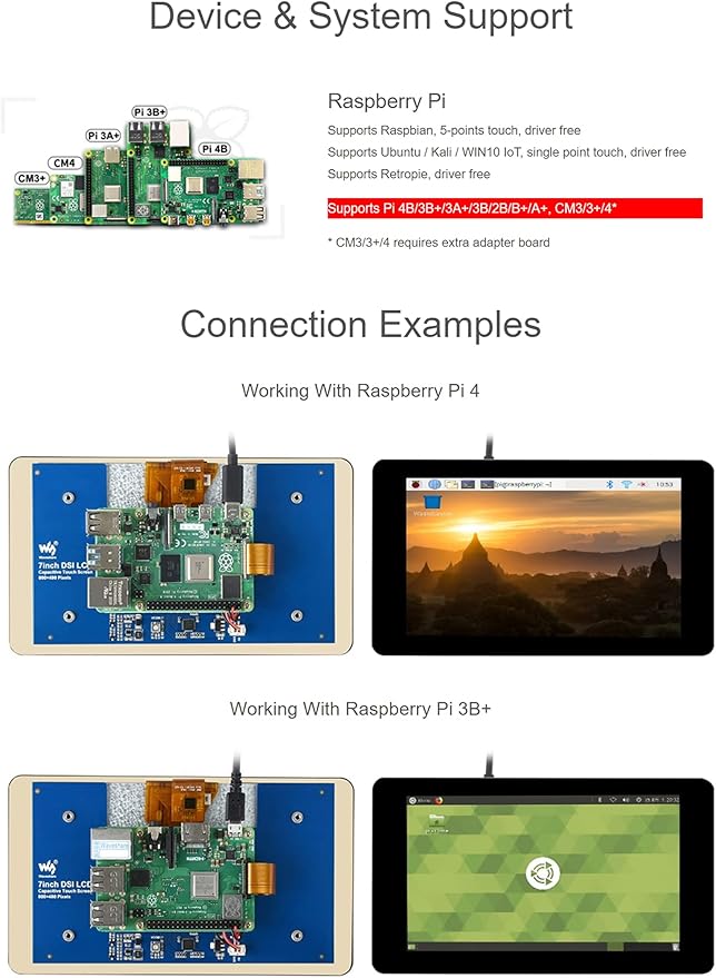 Waveshare 7 Inch DSI LCD Touch Screen 800×480 Monitor for Raspberry Pi 4B/3B+/3A+/3B/2B/B+/A+ Capacitive TFT Display Module Tempered Glass Up to 5 Touch Points Adjustable Brightness