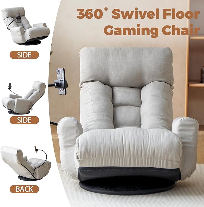 360° Swivel Floor Gaming Chair Linen Folding Lounge Sofa Chair with Adjustable Head and Waist Armrests &amp Phone Holder Padded Cushion Leisure Chairs for Living Room Bedroom (Grey)
