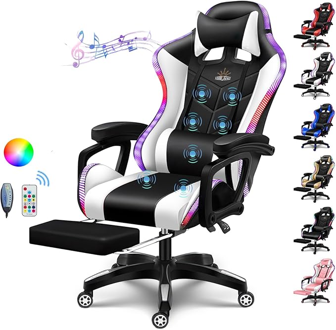 RGB Gaming Chair with Speakers and LED Light Ergonomic 7 Points Massage Video Game Chair High Back Recliner Chair PU Leather Computer Chair with Headrest &amp Lumbar SupportWhite