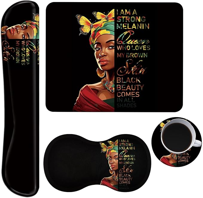 Keyboard Wrist Rest + Mouse Pad + Mouse Wrist Rest Support Set + Coaster Ergonomic Memory Foam Mouse and Keyboard Pad Set for Laptop Computer Office Home Working Gaming African Women Queen