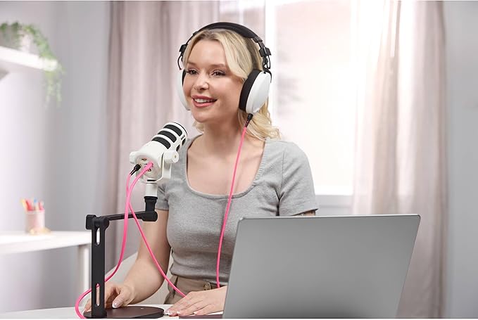 Rode PodMic USB White Dynamic Broadcast Microphone with Rode SC27 Purple USB-C to USB-C Cable and StreamEye Adjustable Boom Arm