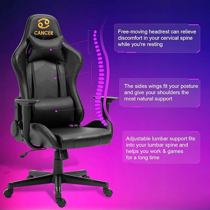 DIKEP Gaming Chair Office Chair High Back Computer Chair Leather Chair Racing Executive Ergonomic Adjustable Task Chair with Headrest and Lumbar SupportBlack