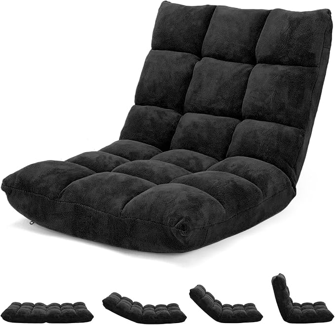 14-Position Floor Chair with Back Support - Lazy Sofa with Soft Coral Fleece Folding Gaming Seat Couch Recliner for Reading Meditating Yoga (Black)
