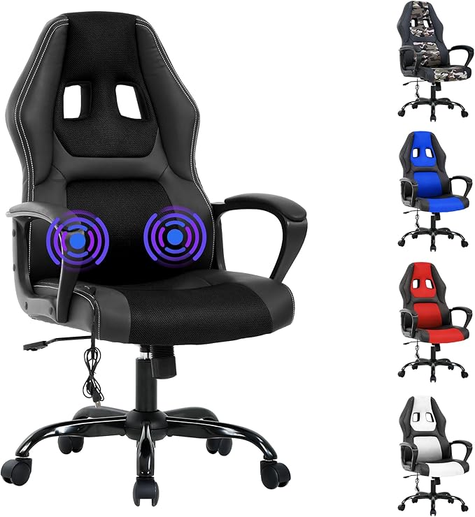 Massage Gaming Chair Gaming Chair with Massager Massage Lumbar Support Gaming Chairs for Adults Office Gaming Chair with 360°Swivel Comfortable Gaming Chair with Height Adjustable All Black