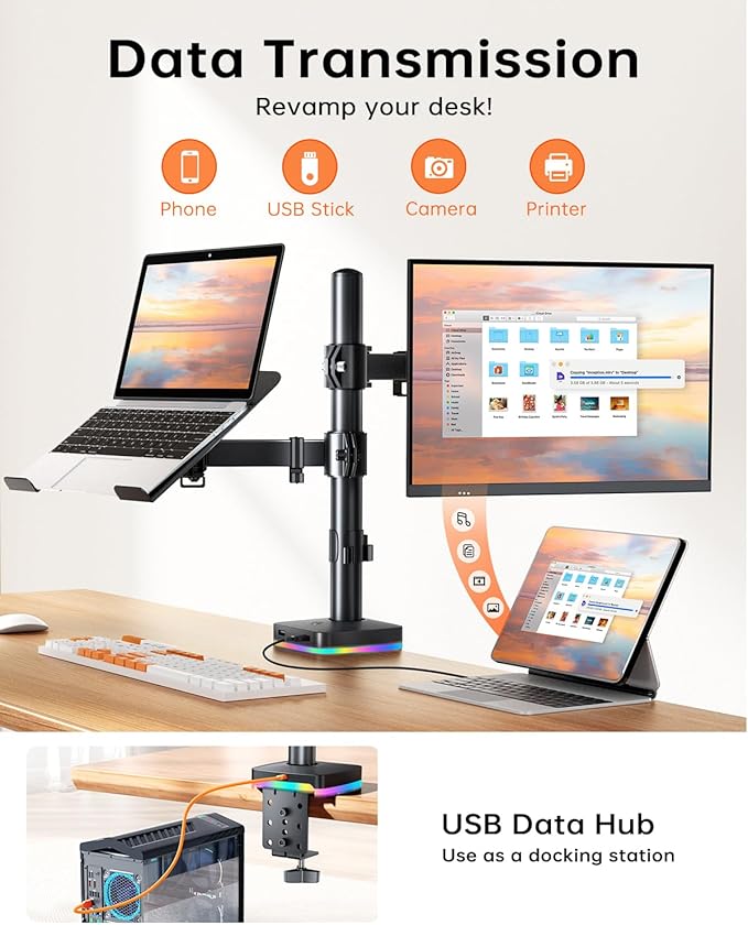 RGB Monitor and Laptop Mount Stand with 3 USB Ports Charging and USB Data Transfer Adjustable laptop stand for 13 to 32 Screen and 11-17” Laptop Holds 18lbs/Arm 75x75/100x100 VESA C-Clamp
