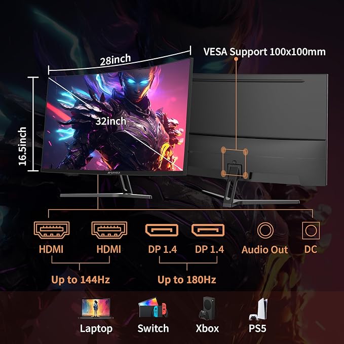 SANSUI 32-Inch Curved Gaming Monitor WQHD 2560 x 1440 180Hz Curved 1500R -Fast VA1ms(OD) HDR 300nits sRGB 125% DCI-P3 95% FreeSync HDMI x2 DP1.4x2(DP Cable Included)