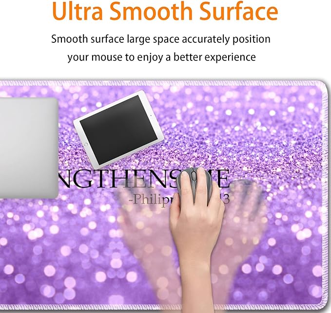 Durable Desk Mat + Wrist Rest Pad + Coasters Set Large Gaming Office Mouse Pad 31.5 x 11.8 Extended Non-Slip Rubber Keyboard Pad Laptop &amp Home Purple Glitter Quote Philippians 4-13