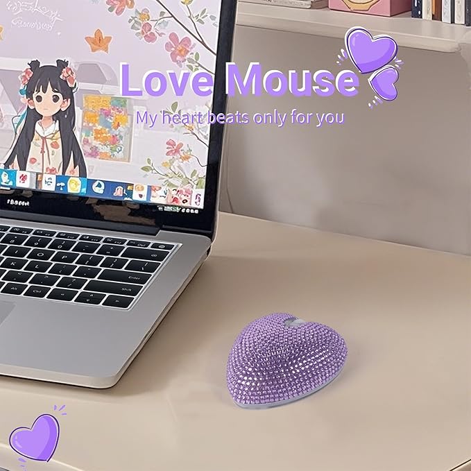 elec Space Stylish Heart-Shaped Wireless Bluetooth Mouse – Rechargeable Silent RGB Light and Perfect for Laptop &amp PC (Purple)