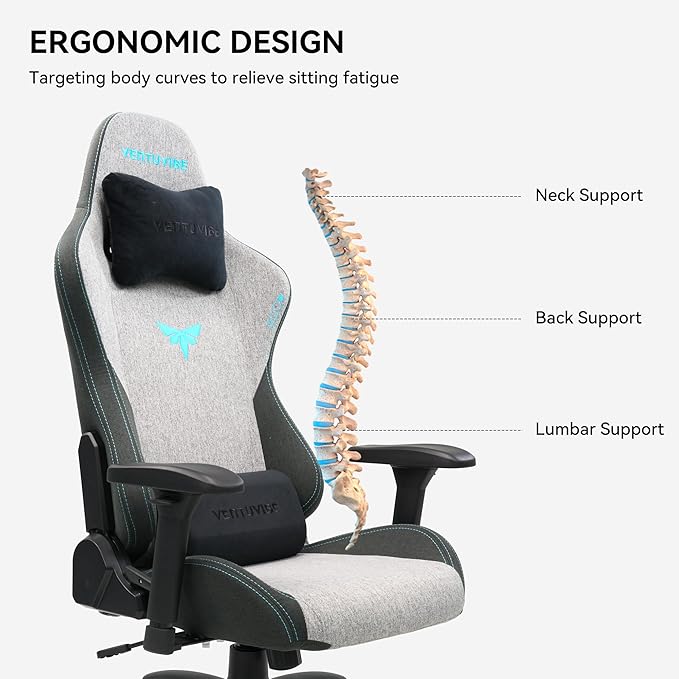 Gaming Chair 4D Adjustable Armrests - 155° Reclining &amp 320lb Capacity High Back Ergonomic Computer Chair with Lumbar Support Fabric Office Chair for Adults (Gray)