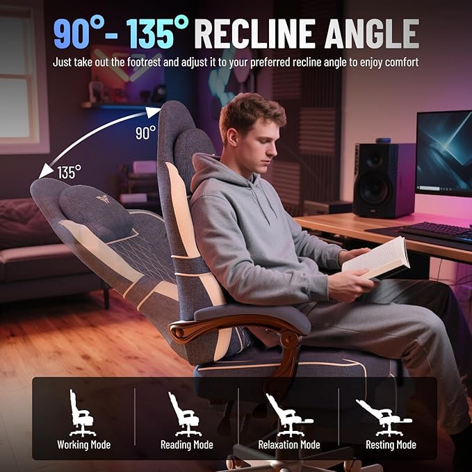 Ferghana Breathable Fabric Ergonomic Gaming Chair with Footrest and Linkage Armrest High Back Computer Game Chair with Massage Lumbar Support for Adult(Blue)