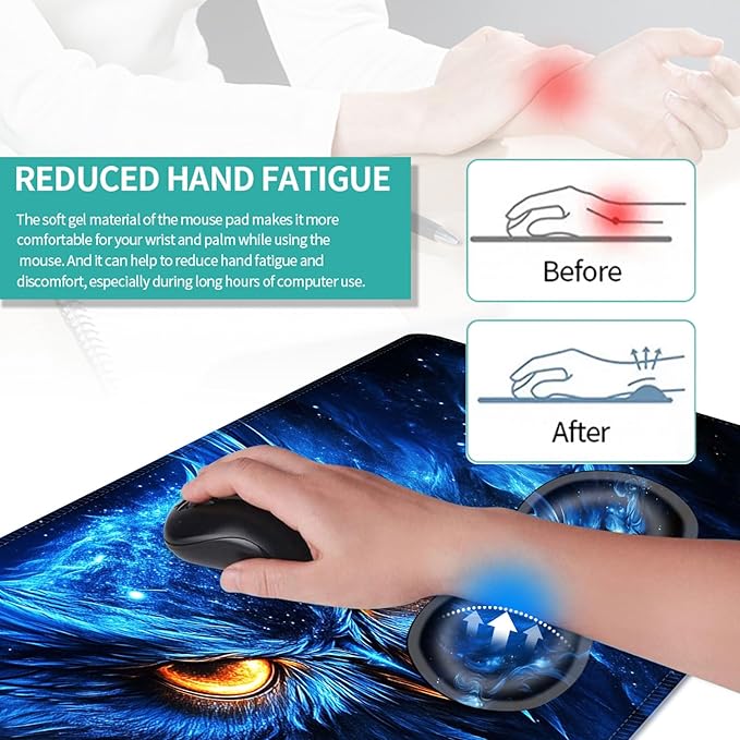 Keyboard Mouse Pad Set Extended Gaming Mouse Pad+Ergonomics Keyboard Wrist Rest Support Memory Foam Easy Typing Pain Relief 4Pcs XL Ultra Thick Desk MatCosmic Owl Glowing Eyes
