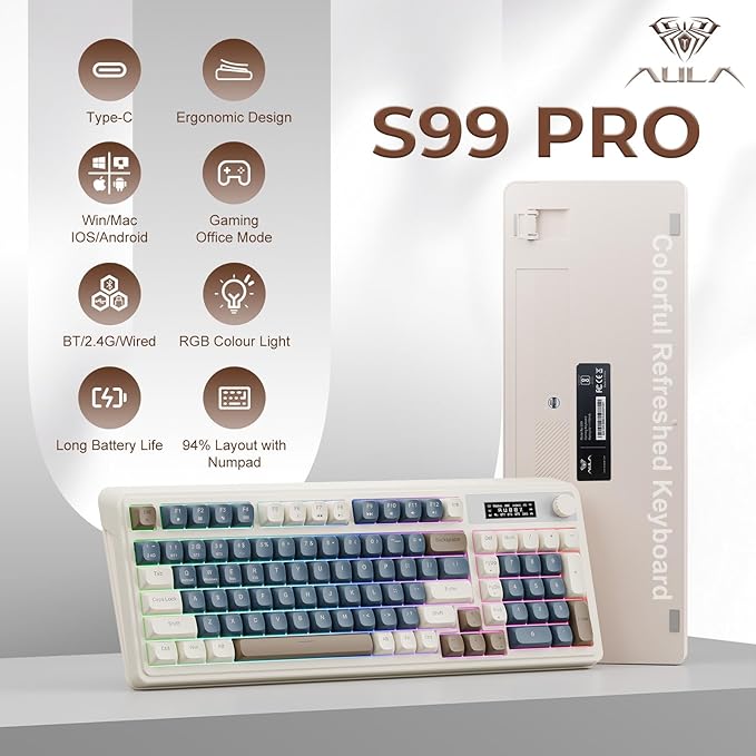AULA S99 Pro Wireless Keyboard Gaming Keyboards Media Knob Custom RGB Backlit 3-Modes BT/2.4G/USB-C Membrane Cute Creamy Keyboard for Windows/MAC/PC Gamer - Blue White