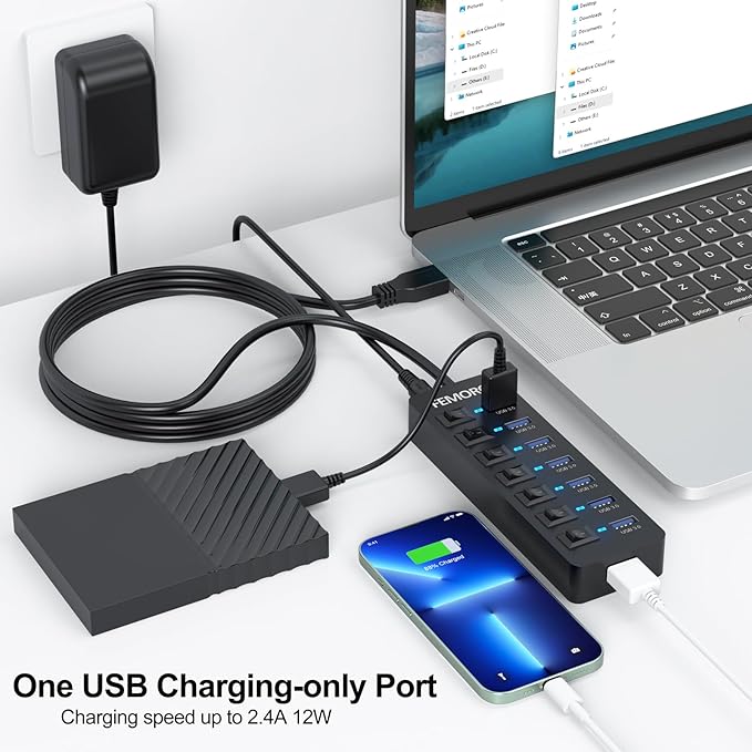 Powered USB Hub 3.0 5Gbps Data Transfer 7 Ports and 12W Charging-only 1 Port with 5V/3A Power Adapter 4Ft Long Cable &amp Individual Switches for Laptop PC Flash Drive External SSD HDD Keyboard Mous