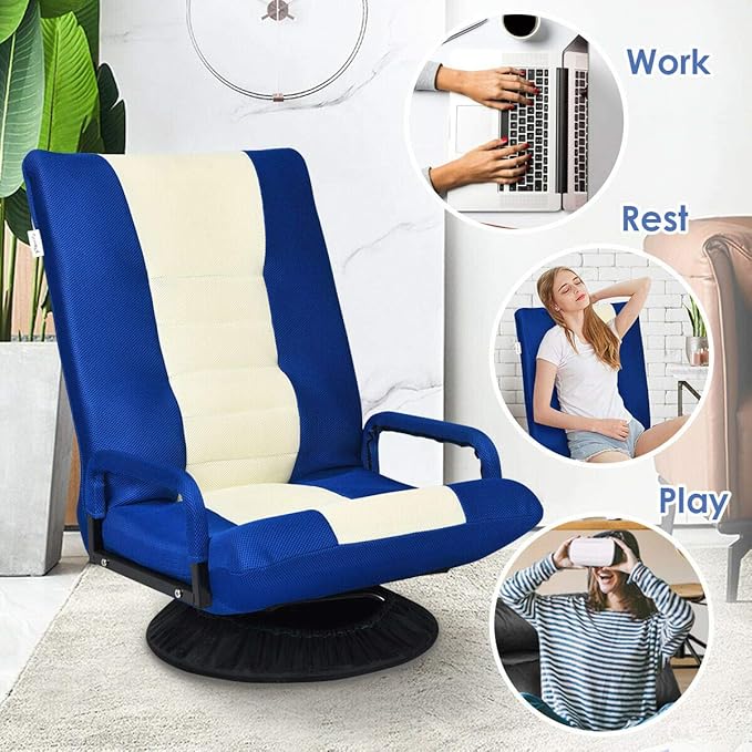 DORTALA 360 Degree Swivel Gaming Floor Chair 6-Position Adjustable Folding Floor Chair Comfortable Padded Backrest Lazy Sofa Chair Game Rocker for Teens Adults Blue
