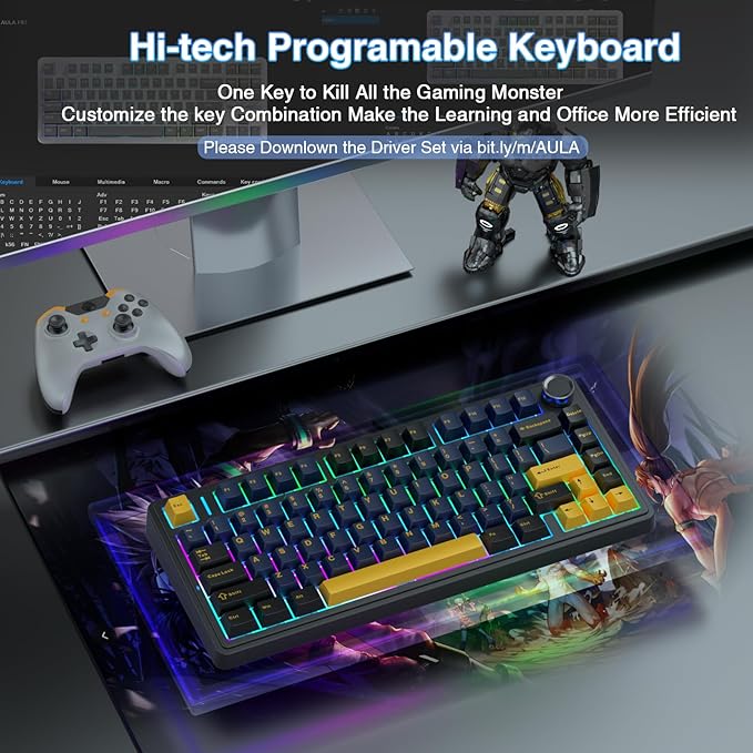AULA F75 75% Wireless Mechanical Keyboard Hot Swappable Creamy Keyboard Pre-lubed Greywood Switches RGB Backlit Gaming Keyboards 2.4GHz/Type-C/BT5.0(Cool Black)