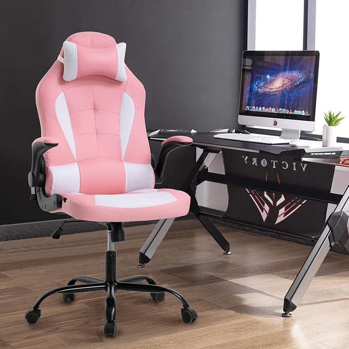 PC Gaming Chair Video Game Chair Racing Style Office High Back Desk Executive PU Leather Rolling Task Swivel Computer with Lumbar Support HeadrestPink