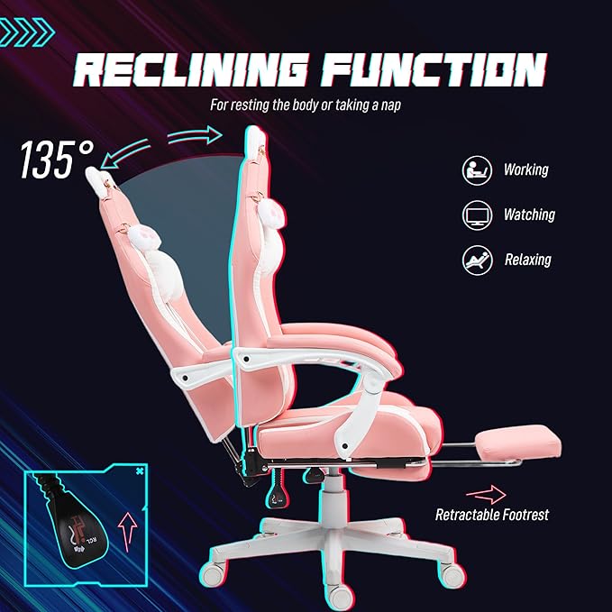 HOMCOM Racing Gaming Chair with Cat Ears Reclining Faux Leather Computer Chair with Footrest Lumbar Support and Headrest Height Adjustable Gamer Chair with Swivel Seat and Wheels Pink