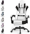 Ferghana Cotton Fabric Gaming Chair with Wider Seat Cushion Shield-Shaped Embroidery Ergonomic High Back Game Chair with Footrest Computer Chair with Massage Lumbar Support for Adult White