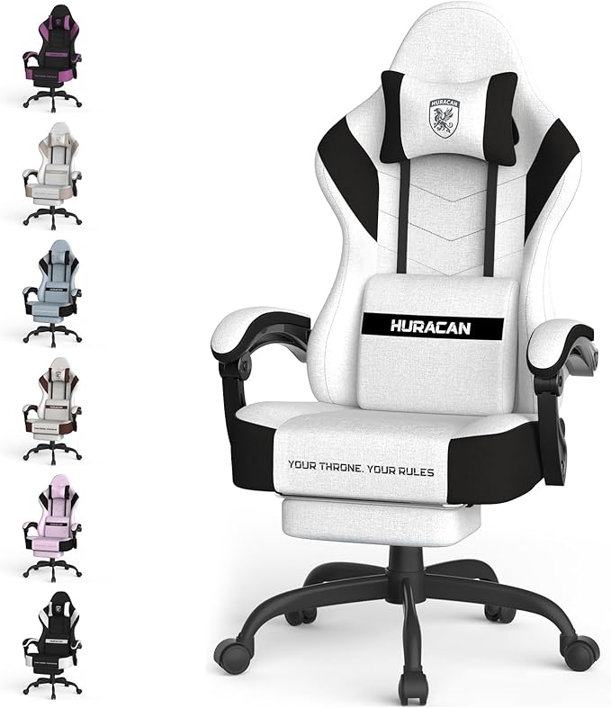 Ferghana Cotton Fabric Gaming Chair with Wider Seat Cushion Shield-Shaped Embroidery Ergonomic High Back Game Chair with Footrest Computer Chair with Massage Lumbar Support for Adult White