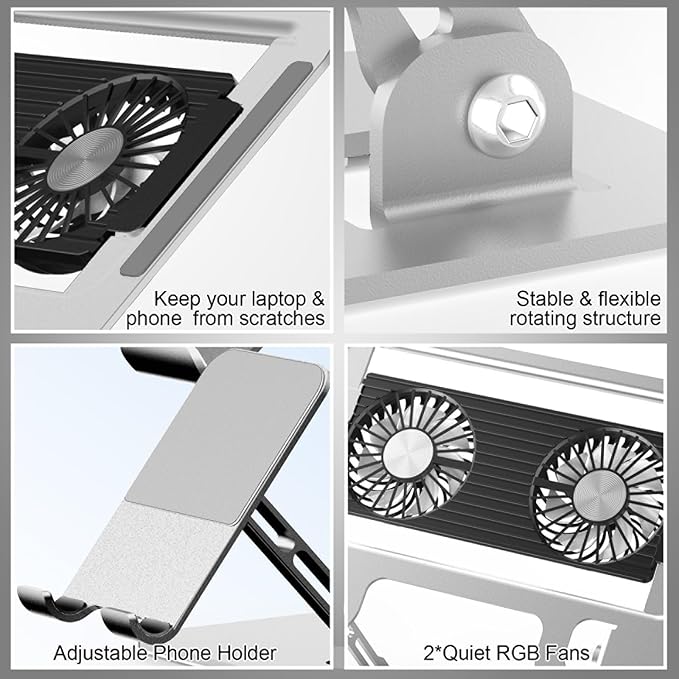 Laptop Cooling Stand with Detachable Fan2-IN-1 Laptop Stand with Phone Holder and Silent FansAdjustable Height and AngleCarbon Steel FrameworkLaptop Cooling Pad for up to 16”Laptop (White)