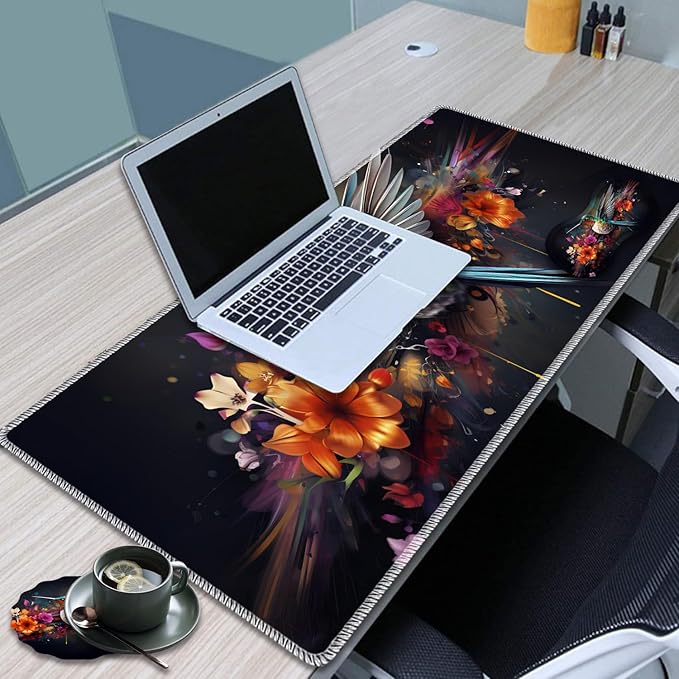 Large Game Mouse Pad + Wrist Support Pad + Coffee Coaster Desk Pad with Sewn Edges Anti-Slip Set pad Suitable for Office Work and Home - Colorful Hummingbird with Flower