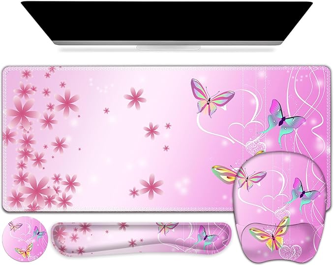 Mouse Pad with Wrist Support 4 in1 Set XXL Big Game Mousepad + Keyboard Wrist Rest + Mouse Wrist Rest Pad +Coaster Gaming Mat for Work Study Home Office I Gradient Pink Butterfly Flower