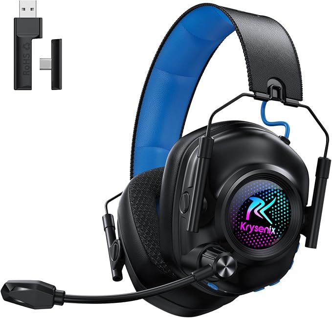 Wireless Gaming Headset with Noise Canceling Microphone for PC PS5 PS4 Switch Mac 2.4 GHz Wireless &amp Bluetooth 5.4 Gaming Headphones Cool RGB Lighting 50Hr Battery 50mm Drivers(Blue)