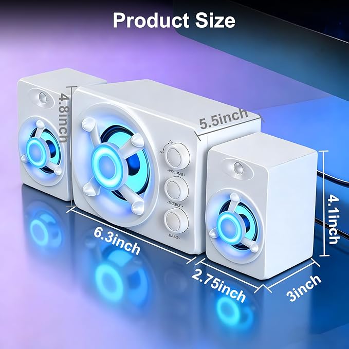 D-208 Computer Speakers with Subwoofer 2.1 Hi-Fi PC Speakers System with RGB Lighting  Enhanced Bass Plug and Play USB/USB-C Powered and 3.5mm Aux in for Desktop Monitor Laptop Tablet (White)