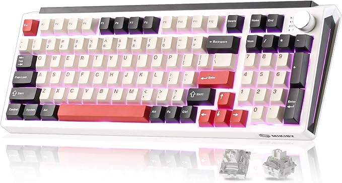 K98 Wireless Mechanical KeyboardTri-Mode BT5.0/2.4GHz/USB-C Hot Swappable Custom KeyboardGasket StructureRGB Backlit Gaming Keyboard for Win &amp Mac(White&ampRedMilk-V2 Switch)