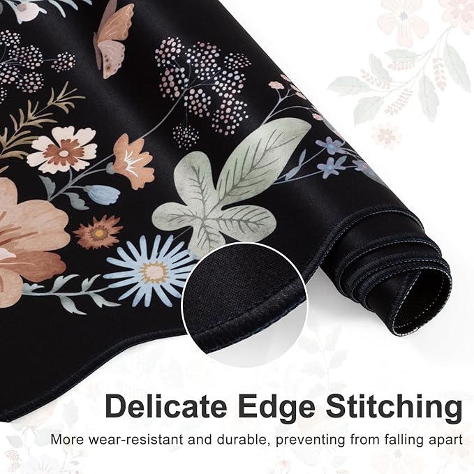 iLeadon Floral Mouse Pad Sets Desk Matt for Desktop Mouse Pad with Wrist Support Extra Large Desk Size Mouse Mat+Cup Coaster with Non-Slip Base for Women Home Office (Black)