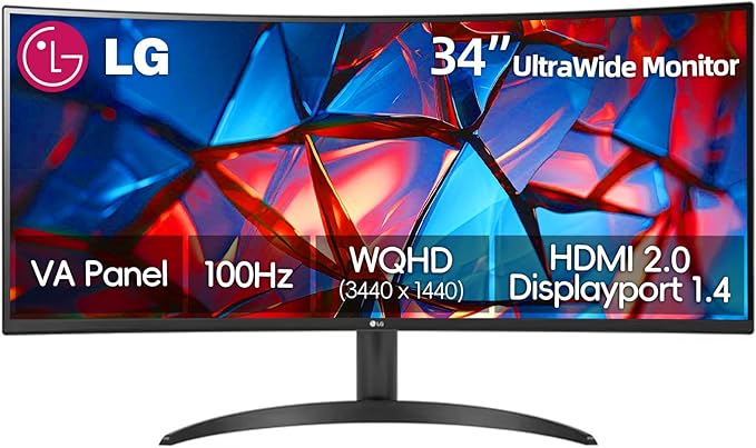 LG 34 Inch UltraWide Monitor WQHD (3440x1440) Curved Display 100Hz sRGB 99% HDR10 Dynamic Action Sync Black Stabilizer PBP Dual ControllerAuto Input Switch 1 x DisplayPort 2 x HDMI Black