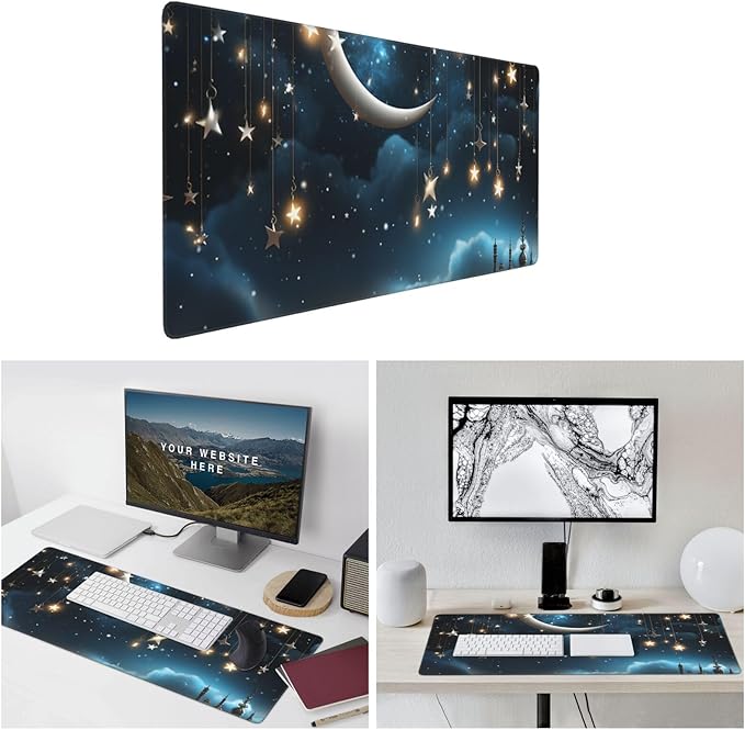 Gaming Mouse Pad Extended Full Keyboard Mat with Stitched Edges Anime Large Desk Pad with Non-Slip Base Nightsky Hanging Moon Stars Mouse Mat for Gaming and Office 16 x 35.5 inches Mousepad