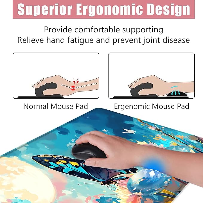 Large Keyboard Mouse Pad Set Extended Mouse Pad+Keyboard Wrist Rest Support Memory Foam Ergonomic Easy Typing 4Pcs (31.5×11.8 in) Desk Pad Set for Office HomeFlowers and Butterflies