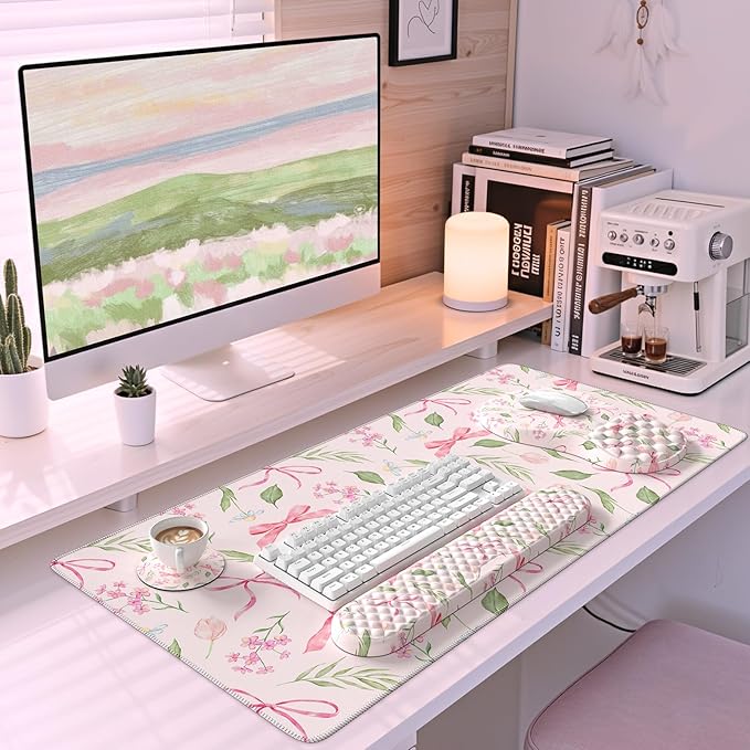 Keyboard Wrist Rest and Mouse pad SetBow Desk Cover matPink Mouse pad with Wrist Rest with Coaster for OfficeNon Slip mat for Women Must Stuff Accessories