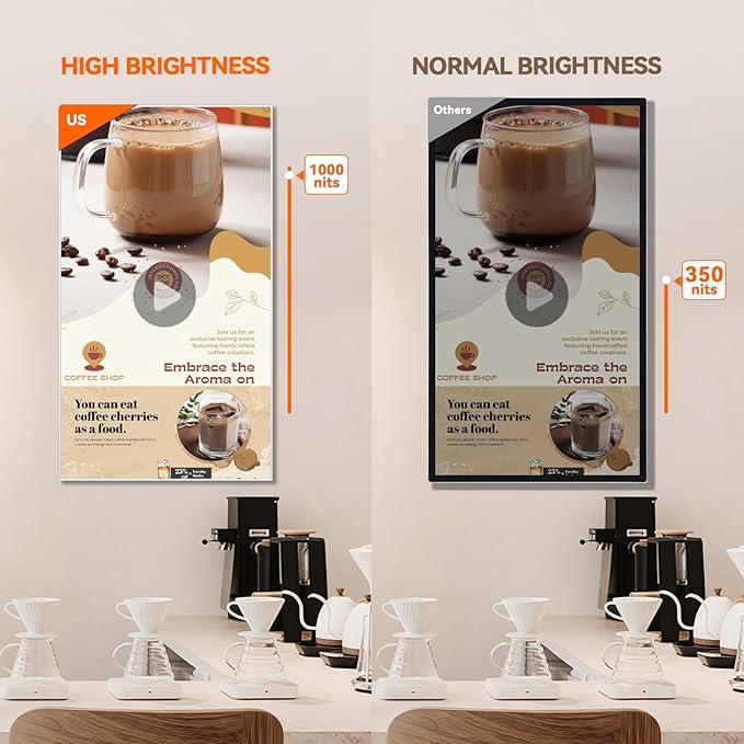 Digital Signage Display 43 inch Wall Mount Digital Menu Board for Restaurants and Stores Advertising Screen 1000 nits Ultra-High Brightness 4KUHD Free Web Content Editor Android 4GB + 32GB