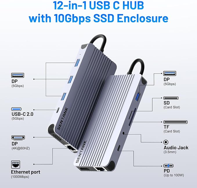 12-in-1 USB-C Hub with 10Gbps M.2 NVMe/SATA SSD Enclosure Support 4K@60Hz HDMI100W PDSD/TF Card Reader1Gbps RJ453 5Gbps USB 3.05Gbps USB-C DATA48kHz Audio Compatible with MacBook Pro/Air/Lenovo