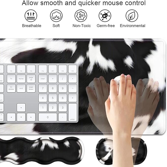 4 in 1 Ergonomic Keyboard Wrist Rest &amp Mouse Pad Wrist Rest Set Large XXL Gaming Desk Mat 31.5x 11.8 with Non-Slip Base Memory Foam for Home Office Study Gaming Black and White Cow Print