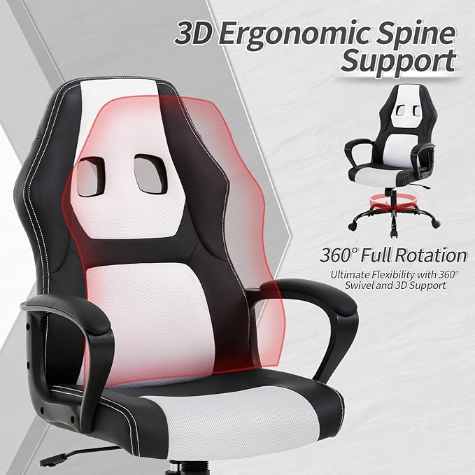 Office Chair Ergonomic Gaming Chair High Back Computer Desk Chair with Lumbar Support Adjustable PU Leather Gamer Chair Comfortable Racing Style for Adults Teens Kids (Classic Version White)