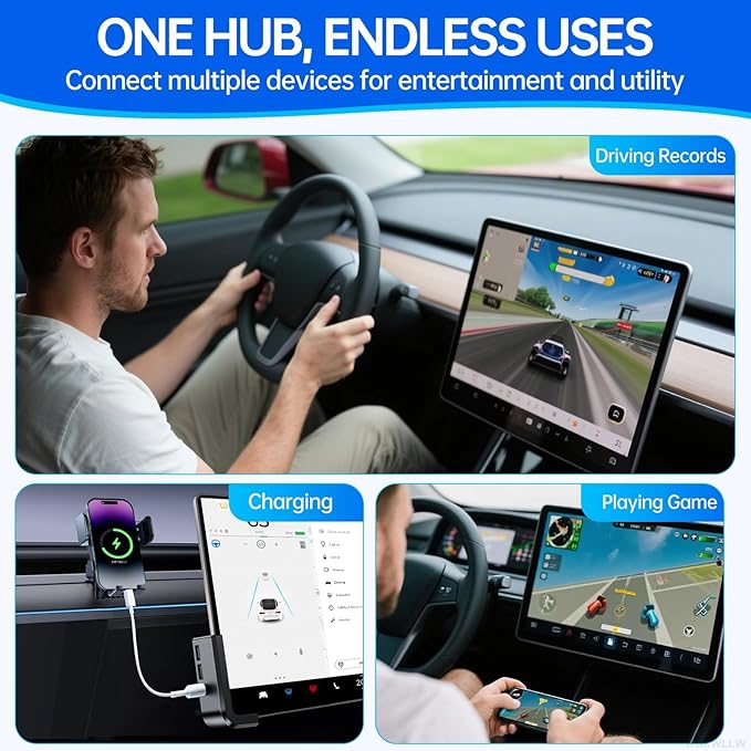USB Hub for Tesla Model Y Juniper 2025 2026 Model 3 Highland 2024 2025 Glove Box to Screen Docking Station Glovebox USB 3.0 Expander for Dashcam Flash Drive Charging Data Transfer Game Music