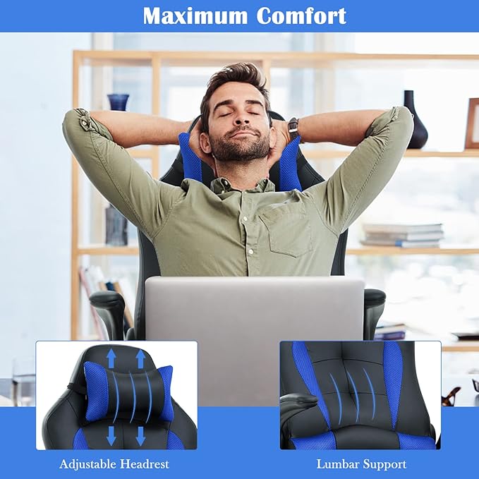 Gaming Chair Office Chair Computer Chair with Lumbar Support&amp Headrest Adjustable Ergonomic Swivel Task Executive Desk Chair High-Back Racing Style Leather Gaming Chair for Adults Blue
