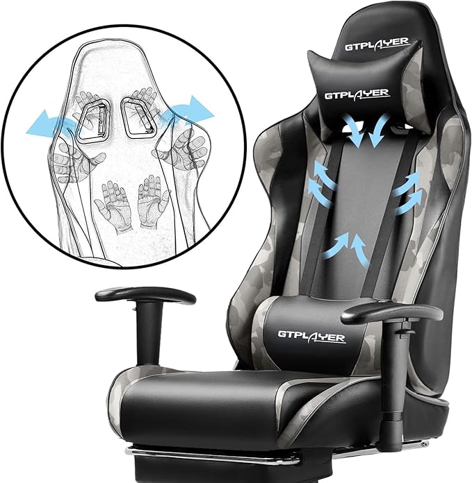 GTPLAYER Gaming Chair with Footrest Ergonomic Computer Game Desk Chair Reclining Game Chair Seat Height Adjustment Swivel Rocker with Headrest and Lumbar (Camouflage)