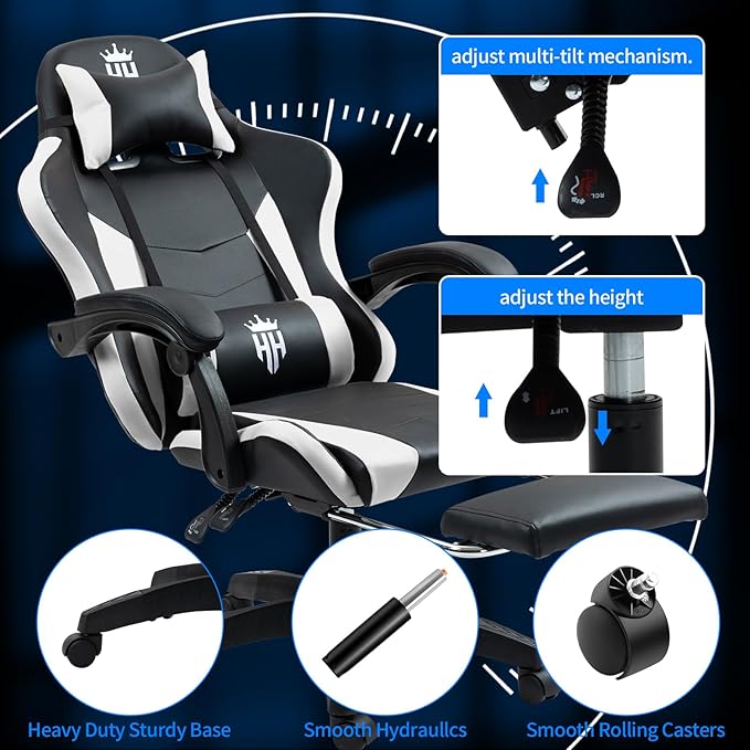 Gaming Chair with Footrest Ergonomic Computer Chair for Adult Adjustable Headrest Lumbar Pillow Large Size Reclining Gaming Chair Big and Tall with Linkage Armrest for Home Office Gaming