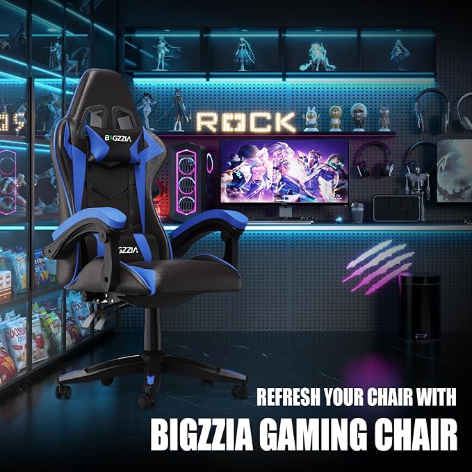 Bigzzia Gaming Chair Computer Game Chair with Lumbar Support Comfortable Video Game Chairs for Adults Kids Racing Style Gamer Chair with 360°-Swivel Seat and Headrest（Blue）