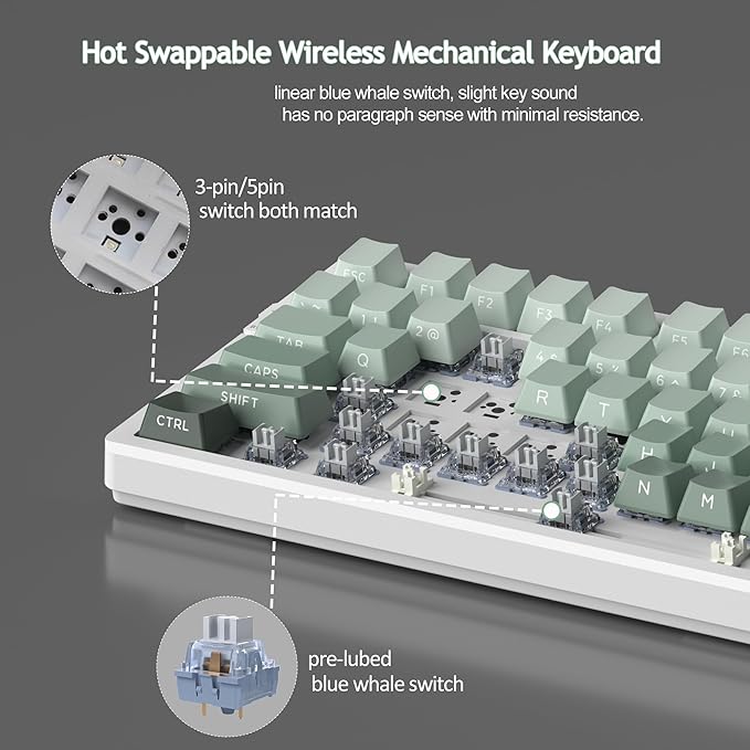 MageGee LIGHT100 Wireless Creamy Keyboard Gasket Structure Hot Swappable 2.4G/USB-C/BT5.0 RGB Backlit Mechanical Gaming Keyboard for Win/Mac/PC 8000mAh Battery Side Printed PBT Keycap Green