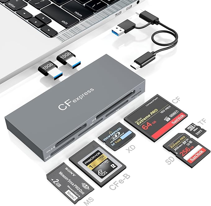 8 in 1 CFexpress Type B Card Reader with 2 10Gb USB USB3.2 Gen2 10Gbps CF Express Reader hub for CFexpress Type B/SD/TF/CF/XD/MS/USB CFexpress Adapter Hub Read 6 Cards and 2USB Simultaneously