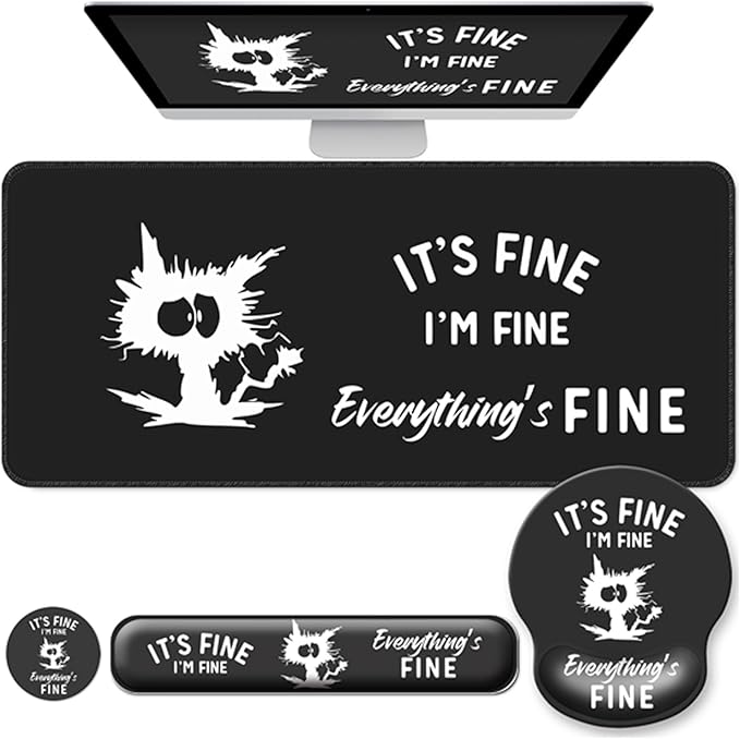 Desk Mat Set + Keyboard and Mouse Pad with Wrist Rest Support4-in-1 Large Mousepad Computer Mats for Desktop Home &amp Office-It's fine I'm fine Everything is fine