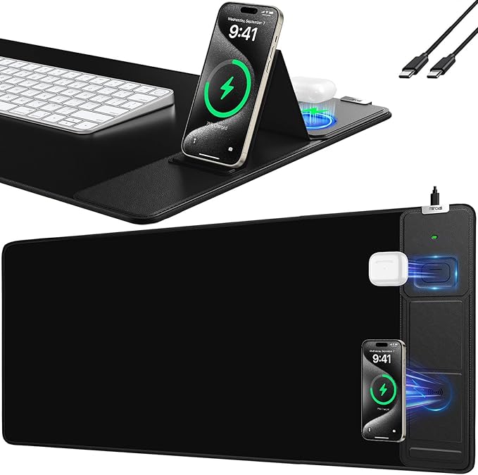 Mouse Pad with Foldable Phone Holder Wireless Charging Desk Mat 31.5x15.8 Large Mousepad with Superior Micro-Weave Cloth XXL Desk Pad with Non-Slip Waterproof Keyboard Pad for Home &amp Office