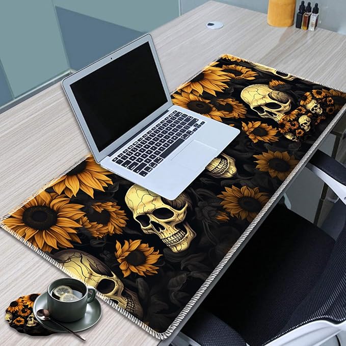 Large Game Mouse Pad + Wrist Support Pad + Coffee Coaster Desk Pad with Sewn Edges Anti-Slip Set pad Suitable for Office Work and Home - Sunflower Skull